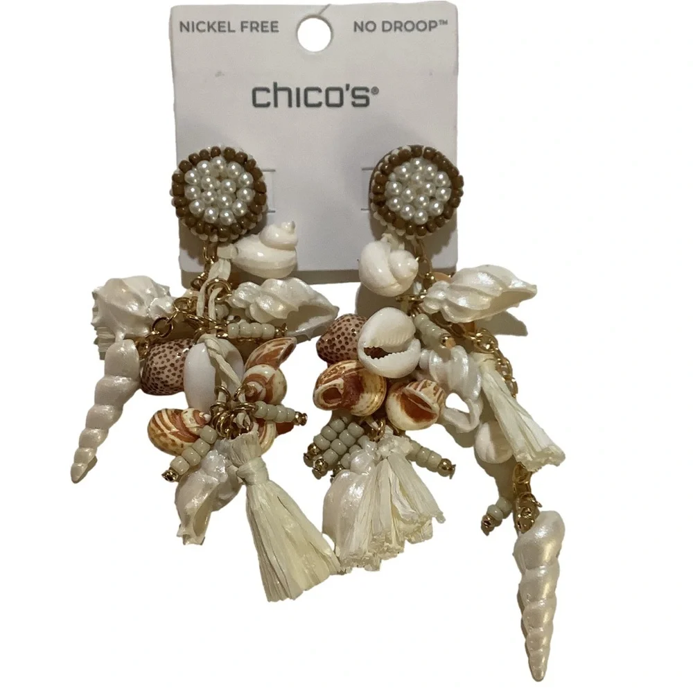 Chico’s No Droop Shell & Raffia Statement Earrings New